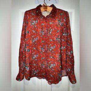 Anthropologie Building 18 Rust Corduroy Floral Button-Down Shirt size 4. EUC